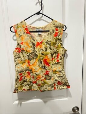Ganni 100% Silk Multicolor Floral V-Neck Sleeveless Shell - Olive, Red, Orange